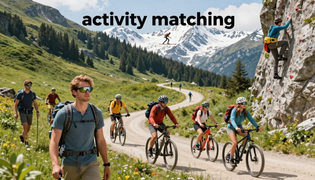 A dynamic outdoor scene showcasing "activity matching" for various adventurous pursuits. In the foreground, a diverse group of people engaged in summer trekking, winter skiing, cycling, and climbing, all wearing stylish and functional adventure eyewear suitable for their activities. The middle ground features a lush green mountain landscape for the summer trekkers, while a snow-covered backdrop with skiers highlights winter fun. The cyclists are navigating a winding trail, and rock climbers scaling a cliff add excitement. Soft, natural lighting casts vibrant colors across the scene, while a slightly elevated angle captures the entirety of the activities and the breathtaking scenery. The mood is invigorating and adventurous, promoting the joy of outdoor activities across different seasons.