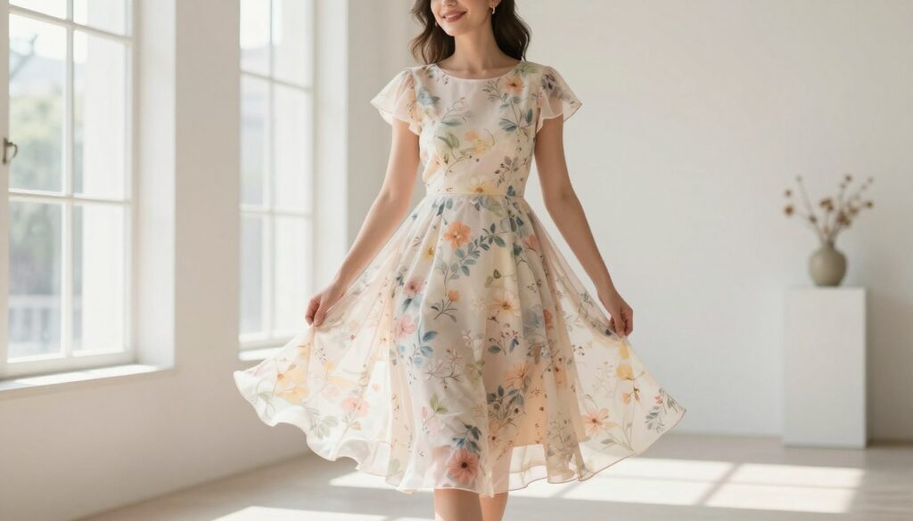 A fashion-forward scene featuring a woman with an inverted triangle body shape, showcasing a beautifully tailored dress designed to balance broad shoulders and add volume at the bottom. The dress is knee-length with an A-line silhouette, accentuated by a soft flowy fabric that gently sways as she moves. The color palette includes pastel shades with delicate floral patterns. She stands in a bright, airy room with natural light streaming through large windows, casting soft shadows. In the background, minimalist decor complements the elegant atmosphere. The focus is on her confident posture and radiant smile, embodying the grace and poise of the perfect dress choice for her figure.