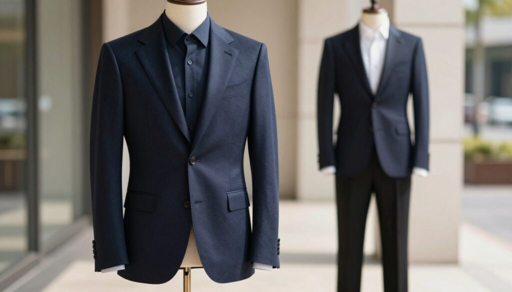 A fashionable blazer suitable for pairing with black trousers is displayed prominently in the foreground. The blazer is a stylish shade of deep navy, featuring a tailored fit, notched lapels, and subtle textured fabric that exudes sophistication. The background showcases a softly blurred urban setting, enhancing the modern aesthetic of the outfit. Natural light filters through, creating a warm and inviting atmosphere, while soft shadows add depth to the scene. In the middle ground, a mannequin stands confidently, showcasing the blazer alongside elegant black trousers, emphasizing the harmonious color combination. The overall mood conveys a sense of professionalism and chic style, making it ideal for fashion enthusiasts looking for advice on color coordination. A fashionable blazer suitable for pairing with black trousers is displayed prominently in the foreground. The blazer is a stylish shade of deep navy, featuring a tailored fit, notched lapels, and subtle textured fabric that exudes sophistication. The background showcases a softly blurred urban setting, enhancing the modern aesthetic of the outfit. Natural light filters through, creating a warm and inviting atmosphere, while soft shadows add depth to the scene. In the middle ground, a mannequin stands confidently, showcasing the blazer alongside elegant black trousers, emphasizing the harmonious color combination. The overall mood conveys a sense of professionalism and chic style, making it ideal for fashion enthusiasts looking for advice on color coordination.