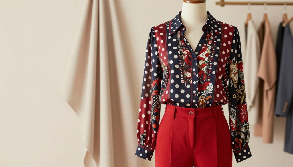 A fashionable blouse design that complements red trousers, featuring elegant and bold patterns such as polka dots, floral designs, or geometric shapes. The blouse should be tailored and sophisticated, suitable for both casual and formal occasions. In the foreground, showcase the blouse on a mannequin or neatly hung against a clean, neutral-colored background. The middle ground includes a softly draped fabric that enhances the textures and patterns of the blouse. The background is softly out of focus, featuring subtle hints of a stylish wardrobe environment. The lighting is soft and diffused, highlighting the rich colors and details of the patterns while creating an inviting and chic atmosphere. The overall mood is confident and stylish, perfect for a modern fashion article. A fashionable blouse design that complements red trousers, featuring elegant and bold patterns such as polka dots, floral designs, or geometric shapes. The blouse should be tailored and sophisticated, suitable for both casual and formal occasions. In the foreground, showcase the blouse on a mannequin or neatly hung against a clean, neutral-colored background. The middle ground includes a softly draped fabric that enhances the textures and patterns of the blouse. The background is softly out of focus, featuring subtle hints of a stylish wardrobe environment. The lighting is soft and diffused, highlighting the rich colors and details of the patterns while creating an inviting and chic atmosphere. The overall mood is confident and stylish, perfect for a modern fashion article.