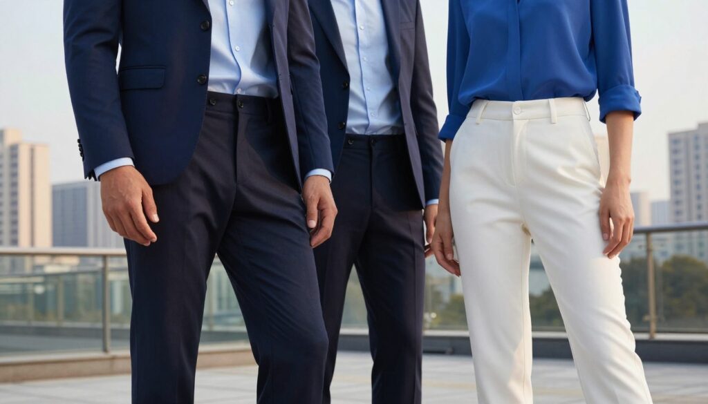A fashionable male and female model standing side by side, showcasing different styles of trousers suitable for pairing with a blue blazer. The male model, dressed in tailored dark trousers and a light blue shirt, exudes confidence, while the female model wears smart-casual white trousers and a fitted blue blouse. The foreground focuses on their outfits, highlighting the cut and material of the trousers to emphasize comfort and fit. In the middle, a modern cityscape provides a stylish backdrop, bathed in soft afternoon sunlight. The angle is slightly low, enhancing the models' presence, and creating a professional yet relaxed atmosphere. The scene should convey a sense of fashion awareness and seasonal elegance, suitable for various occasions. A fashionable male and female model standing side by side, showcasing different styles of trousers suitable for pairing with a blue blazer. The male model, dressed in tailored dark trousers and a light blue shirt, exudes confidence, while the female model wears smart-casual white trousers and a fitted blue blouse. The foreground focuses on their outfits, highlighting the cut and material of the trousers to emphasize comfort and fit. In the middle, a modern cityscape provides a stylish backdrop, bathed in soft afternoon sunlight. The angle is slightly low, enhancing the models' presence, and creating a professional yet relaxed atmosphere. The scene should convey a sense of fashion awareness and seasonal elegance, suitable for various occasions.