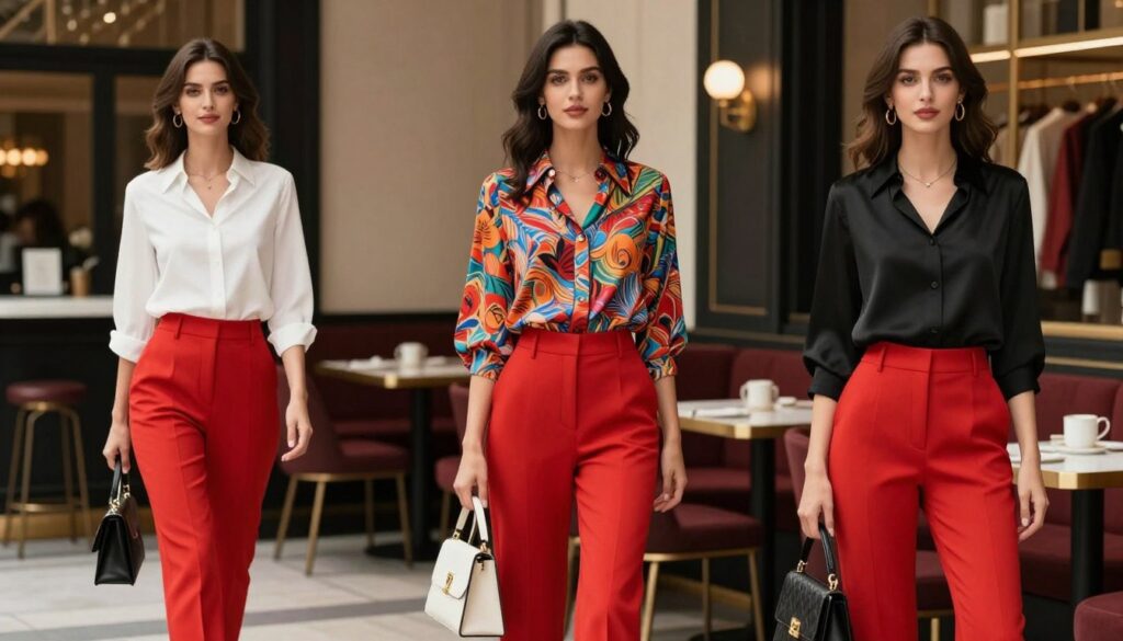 A fashionable scene featuring elegantly styled outfits centered around bright red pants. In the foreground, a diverse group of three professionally dressed women showcases a variety of blouse styles that complement the red trousers. The first woman wears a classic white blouse, the second opts for a vibrant patterned top, and the third sports a sophisticated black silk shirt. In the middle ground, elegant accessories such as high-heeled shoes and stylish handbags enhance the outfits. The background features a chic, upscale setting, perhaps a trendy café or an upscale boutique, with soft, ambient lighting that creates an inviting atmosphere. The angle of the image captures both the expressions of confidence and grace on the models' faces, evoking a sense of sophistication and style. A fashionable scene featuring elegantly styled outfits centered around bright red pants. In the foreground, a diverse group of three professionally dressed women showcases a variety of blouse styles that complement the red trousers. The first woman wears a classic white blouse, the second opts for a vibrant patterned top, and the third sports a sophisticated black silk shirt. In the middle ground, elegant accessories such as high-heeled shoes and stylish handbags enhance the outfits. The background features a chic, upscale setting, perhaps a trendy café or an upscale boutique, with soft, ambient lighting that creates an inviting atmosphere. The angle of the image captures both the expressions of confidence and grace on the models' faces, evoking a sense of sophistication and style.