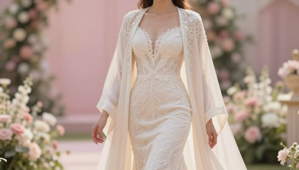 A fashionable woman elegantly draped in an exquisitely designed long dress suitable for a wedding, accessorized with a stylish outer garment that complements the dress's silhouette. The foreground features a full view of her attire, highlighting the intricate details of the dress and outer piece, crafted from luxurious fabrics. In the middle ground, soft pastel colors merge into a subtle blur, creating a romantic atmosphere. The background showcases a soft-focus garden setting, with delicate flowers gently blurred to enhance the elegance of the subject. The lighting is warm and diffused, casting a flattering glow on the woman, exuding sophistication and charm. The composition emphasizes the harmony between the dress and the outer garment, reflecting a refined style appropriate for formal occasions.