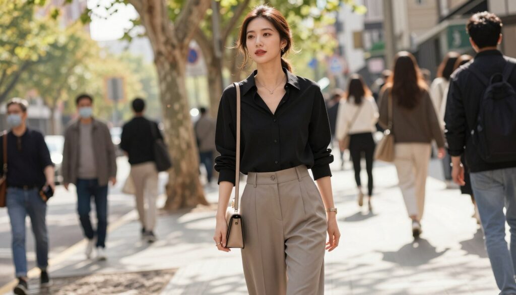 A fashionable woman in a chic black blouse styled for a casual day out, paired with tailored high-waisted trousers in a soft fabric. She stands confidently on a bustling city sidewalk, surrounded by leafy trees and soft sunlight filtering through. A stylish crossbody bag and understated jewelry add character to her look, while her hair is in a loose, elegant updo. The scene captures a lively street atmosphere, filled with people dressed in smart-casual attire. The angle is slightly from above, showcasing the ensemble details and the energetic background, conveying a warm, inviting mood perfect for everyday fashion. The lighting is soft and natural, highlighting textures and colors without harsh shadows. A fashionable woman in a chic black blouse styled for a casual day out, paired with tailored high-waisted trousers in a soft fabric. She stands confidently on a bustling city sidewalk, surrounded by leafy trees and soft sunlight filtering through. A stylish crossbody bag and understated jewelry add character to her look, while her hair is in a loose, elegant updo. The scene captures a lively street atmosphere, filled with people dressed in smart-casual attire. The angle is slightly from above, showcasing the ensemble details and the energetic background, conveying a warm, inviting mood perfect for everyday fashion. The lighting is soft and natural, highlighting textures and colors without harsh shadows.