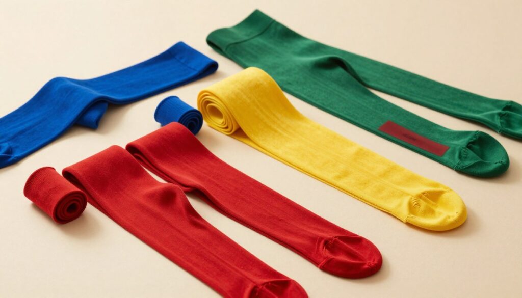A flat lay arrangement showcasing a variety of colorful tights arranged artistically on a clean, minimalist background. The tights come in diverse vibrant shades like electric blue, bold red, sunny yellow, and deep green, reflecting a harmonious palette. In the foreground, a few vibrant pairs of tights are draped artistically, while others are rolled neatly in the middle layer, demonstrating how they can complement different outfits. In the background, soft natural lighting enhances the colors, creating a warm and inviting atmosphere. A delicate fabric texture is visible, inviting the viewer to appreciate the quality and design. The overall mood is creative and stylish, emphasizing how colorful tights can enhance an outfit without causing visual chaos.