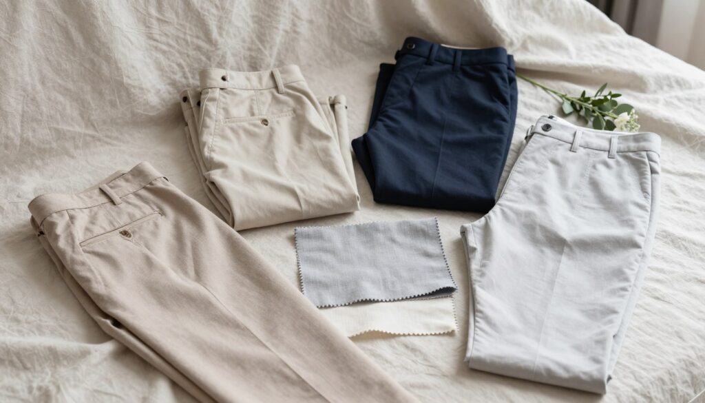 A flat lay composition featuring various elegant trouser materials suited for weddings, displayed on a sophisticated, textured fabric backdrop. The foreground showcases a variety of fabric swatches, including lightweight wool, linen, and cotton blends in shades of beige, light grey, and navy. In the middle, a few neatly folded pairs of trousers in different styles—tailored, slim fit, and chinos—are arranged artistically. The background features soft, diffused natural lighting that enhances the textures and colors of the fabrics, creating a serene and upscale atmosphere. Include subtle seasonal accents, like fresh greenery or delicate flowers, to evoke a sense of appropriate choice for any wedding setting, while maintaining an elegant and classy mood.