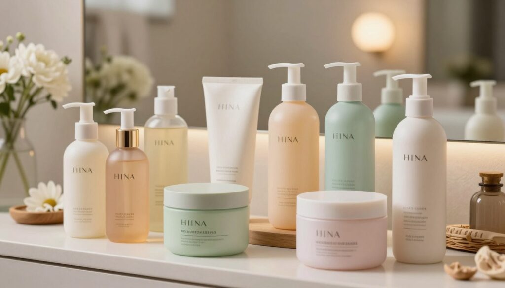 A gracefully arranged display of hair care products specifically designed for brittle hair, featuring a variety of sleek and elegant bottles in soothing pastel colors. In the foreground, prominent products such as nourishing serums, hydrating masks, and leave-in conditioners stand out, showcasing their high-quality packaging. In the middle ground, a softly lit vanity is adorned with fresh flowers and natural wooden elements, enhancing the beauty and serenity of the scene. In the background, a blurred view of a cozy bathroom setting with warm, ambient lighting adds to a tranquil atmosphere. The overall mood is calming and inviting, emphasizing the importance of care and nourishment for fragile hair. The image should be well-composed, using soft focus to create a professional yet approachable aesthetic.