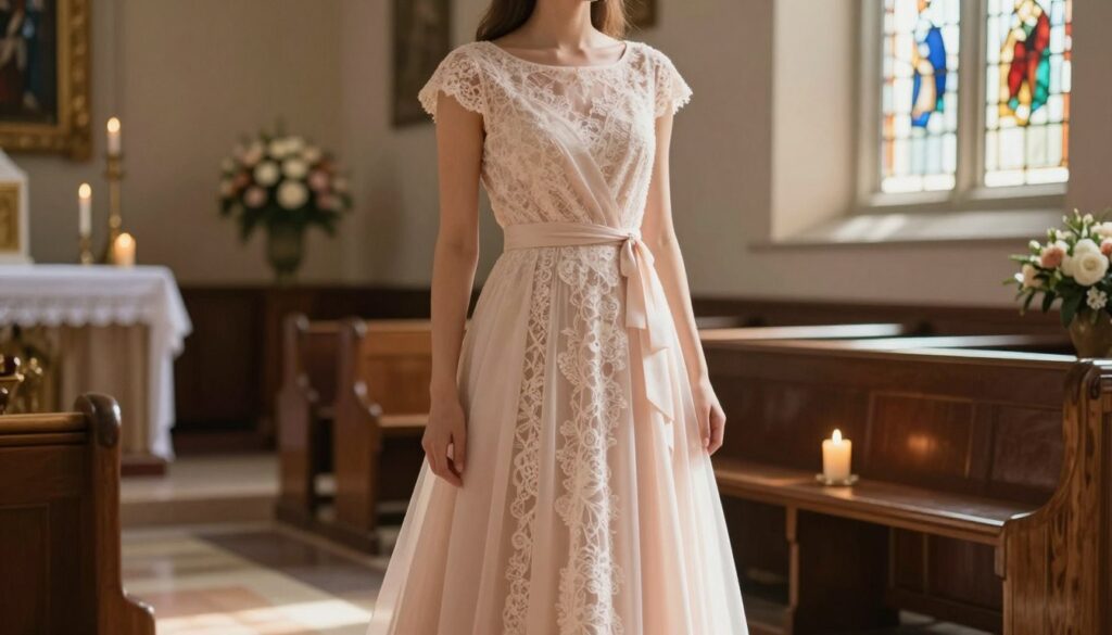 A gracefully draped, elegant dress in soft pastel shades suitable for a church setting. The dress features a modest neckline and flowing, ankle-length silhouette, evoking both refinement and appropriateness. In the foreground, a delicate lace overlay adds texture, while a subtle sash cinches at the waist, enhancing the form without being revealing. The scene is softly lit with warm, natural light streaming in from a nearby stained-glass window, creating a gentle ambience. In the middle ground, a serene church interior with wooden pews and softly glowing candles enhances the respectful atmosphere. The background subtly showcases soft floral arrangements, contributing to a sense of celebration while maintaining decorum. The mood is peaceful and reverent, perfectly illustrating appropriate choices for garment colors and styles for special religious occasions. A gracefully draped, elegant dress in soft pastel shades suitable for a church setting. The dress features a modest neckline and flowing, ankle-length silhouette, evoking both refinement and appropriateness. In the foreground, a delicate lace overlay adds texture, while a subtle sash cinches at the waist, enhancing the form without being revealing. The scene is softly lit with warm, natural light streaming in from a nearby stained-glass window, creating a gentle ambience. In the middle ground, a serene church interior with wooden pews and softly glowing candles enhances the respectful atmosphere. The background subtly showcases soft floral arrangements, contributing to a sense of celebration while maintaining decorum. The mood is peaceful and reverent, perfectly illustrating appropriate choices for garment colors and styles for special religious occasions.