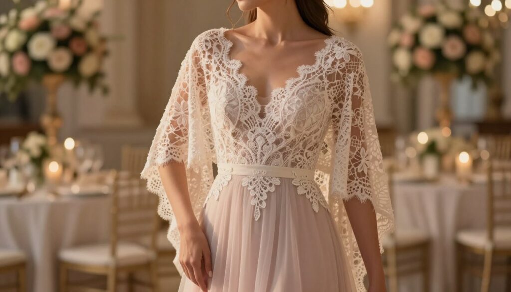 A gracefully styled bolerko draped over the shoulders of a woman in an elegant long evening gown, accentuating her poised posture and enhancing the beauty of her arms. The bolerko features intricate lace detailing and a soft, pastel color that complements the gown. The background is softly blurred, with hints of a lavish wedding venue showcasing elegant floral arrangements and ambient lighting. The scene is illuminated with warm, golden hour light, creating a romantic and sophisticated atmosphere. The composition is captured with a portrait lens, focusing on the interplay of textures between the bolerko and the gown, evoking a sense of timeless elegance perfect for a wedding setting.