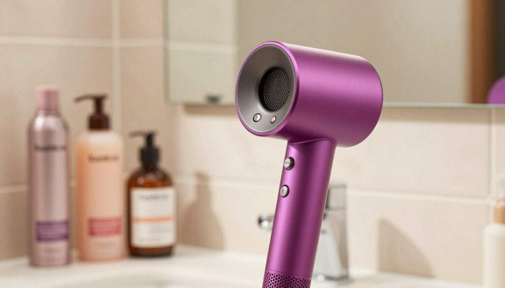 A high-quality hairdryer placed prominently in the foreground, showcasing its sleek, modern design with a vibrant color palette. The focus should capture detailed features such as ergonomic buttons, a removable filter, and a concentrator nozzle, reflecting its advanced technology. In the middle ground, various hair care products like heat protectants and serums are neatly arranged, hinting at their use alongside the hairdryer. The background features a softly blurred bathroom setting with elegant tiles and a large mirror, bathed in warm, natural light that creates a cozy atmosphere. The angle should be slightly above eye level, emphasizing the hairdryer as the centerpiece and inspiring a sense of care and beauty in hair styling.