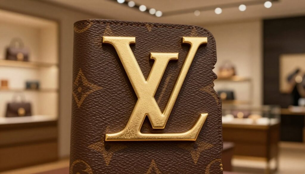 A luxurious, elegant monogram logo design featuring intertwined initials inspired by the Louis Vuitton brand. In the foreground, the intricate monogram design is prominently displayed, showcasing rich gold and deep brown colors, symbolizing opulence and sophistication. The middle ground features a subtle texture resembling fine leather, enhancing the luxurious feel. In the background, a softly blurred image of a high-end boutique interior, adorned with elegant decor, adds depth and context, hinting at a premium shopping experience. The lighting is warm and inviting, highlighting the luxurious materials and creating a rich, atmospheric mood. The overall composition should evoke a sense of prestige and quality, without any text or branding visible. A luxurious, elegant monogram logo design featuring intertwined initials inspired by the Louis Vuitton brand. In the foreground, the intricate monogram design is prominently displayed, showcasing rich gold and deep brown colors, symbolizing opulence and sophistication. The middle ground features a subtle texture resembling fine leather, enhancing the luxurious feel. In the background, a softly blurred image of a high-end boutique interior, adorned with elegant decor, adds depth and context, hinting at a premium shopping experience. The lighting is warm and inviting, highlighting the luxurious materials and creating a rich, atmospheric mood. The overall composition should evoke a sense of prestige and quality, without any text or branding visible.