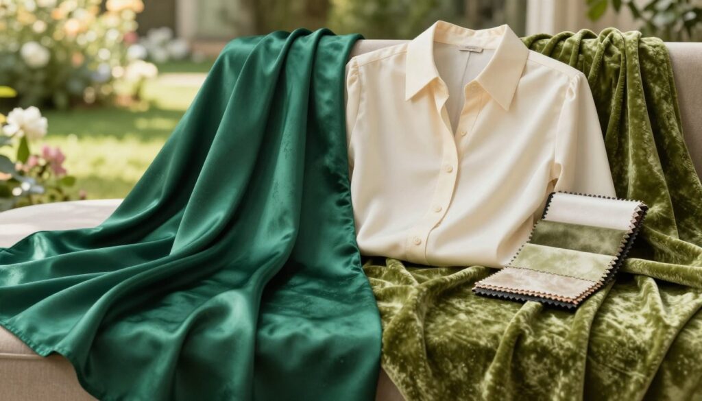 A luxurious still life composition featuring an elegant arrangement of various fabrics and materials that complement shades of green. In the foreground, display rich emerald silk, soft moss-green velvet, and textured olive cotton, all artfully draped and layered. The middle ground should showcase a tailored blouse in a sophisticated cream hue, paired with a sample of matte and shiny materials that enhance the overall palette. The background can be a soft-focus garden scene with hints of lush greenery and floral accents, bathed in warm, natural sunlight to create a serene and opulent atmosphere. The scene should be captured with a gentle depth of field, emphasizing the details and textures of the fabrics. A luxurious still life composition featuring an elegant arrangement of various fabrics and materials that complement shades of green. In the foreground, display rich emerald silk, soft moss-green velvet, and textured olive cotton, all artfully draped and layered. The middle ground should showcase a tailored blouse in a sophisticated cream hue, paired with a sample of matte and shiny materials that enhance the overall palette. The background can be a soft-focus garden scene with hints of lush greenery and floral accents, bathed in warm, natural sunlight to create a serene and opulent atmosphere. The scene should be captured with a gentle depth of field, emphasizing the details and textures of the fabrics.