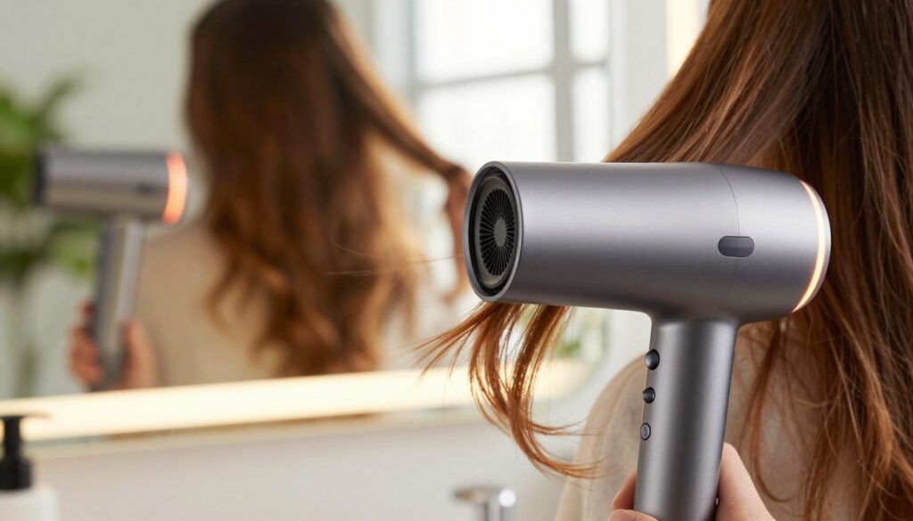 A modern bathroom setting with a sleek, high-end hair dryer prominently in the foreground, glowing softly as it operates. The scene captures a close-up of the hair dryer’s nozzle focused on a variety of healthy, beautiful hair strands flowing gracefully from the background to the middle ground. In the mid-ground, show a mirror reflecting the radiant sunlight pouring through a window, enhancing the warm tones of the hair. The background should feature plant life, suggesting a fresh, healthy atmosphere. The overall lighting is bright and inviting, creating a serene and uplifting mood. Capture the image from a slightly lower angle to emphasize the beauty of the hair and the dryer’s design, evoking a sense of comfort and care in hair maintenance.