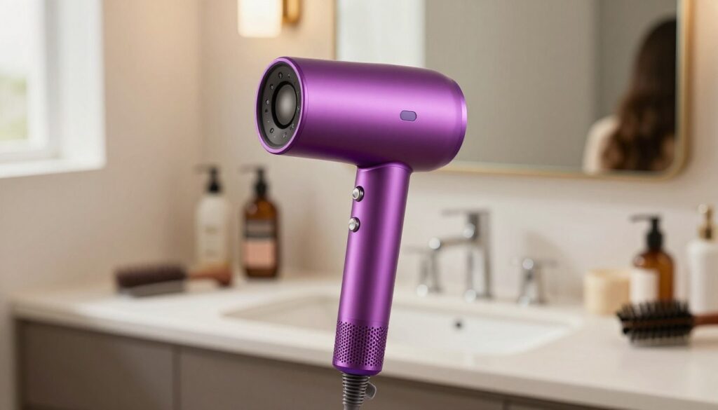 A modern, high-quality hair dryer sits prominently in the foreground, showcasing its sleek design and multiple heat settings. The hair dryer has a glossy finish in a vibrant color, with an ergonomic handle and a nozzle attachment for styling. In the middle ground, a stylish, well-lit bathroom setting is visible, featuring a mirror and vanity decorated with hair care products and accessories, creating a sense of personal care and attention to detail. The background is softly blurred, highlighting warm, natural lighting that evokes a cozy atmosphere. Capture the scene from a dynamic angle, emphasizing the hair dryer as the focal point while ensuring a professional and inviting mood that resonates with hair care enthusiasts.