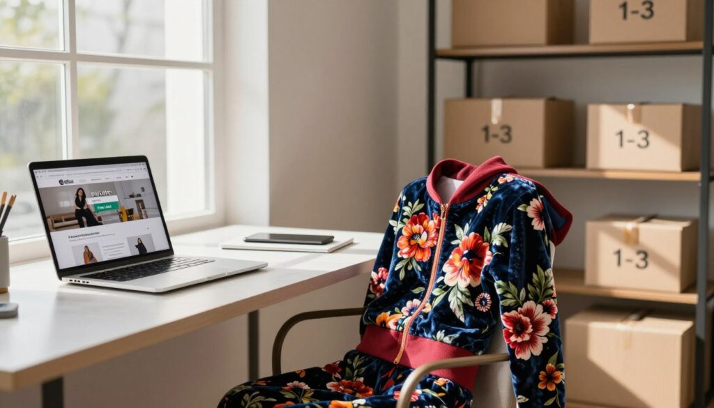 A modern living space featuring an elegant and cozy home office setup. In the foreground, a stylish desk with a laptop displaying a shopping website with a "Pay Later" option highlighted. In the middle, a plush velvet floral tracksuit is draped over the chair, exhibiting vibrant colors and patterns. Soft natural light streams in through a large window, casting gentle shadows and creating a warm atmosphere. In the background, shelves neatly display various shipping boxes labeled with quick shipping times of 1-3 days. The scene conveys comfort, fashion, and modern purchasing convenience, evoking a mood of practicality and trendy lifestyle choices. A modern living space featuring an elegant and cozy home office setup. In the foreground, a stylish desk with a laptop displaying a shopping website with a "Pay Later" option highlighted. In the middle, a plush velvet floral tracksuit is draped over the chair, exhibiting vibrant colors and patterns. Soft natural light streams in through a large window, casting gentle shadows and creating a warm atmosphere. In the background, shelves neatly display various shipping boxes labeled with quick shipping times of 1-3 days. The scene conveys comfort, fashion, and modern purchasing convenience, evoking a mood of practicality and trendy lifestyle choices.