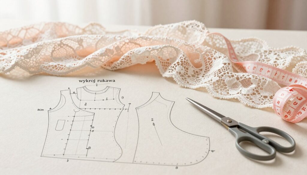 A neatly arranged flat lay of a sleeve pattern ("wykrój rękawa") on high-quality, textured fabric. The foreground showcases the intricately drawn sleeve pattern with detailed notations for cutting and measurements, accompanied by a pair of sharp fabric scissors and a measuring tape. In the middle layer, soft, elegant lace fabric in shades of ivory and blush cascades subtly, highlighting the delicate nature of lace sleeve applications. The background is softly blurred to a pale pastel color, enhancing the focus on the pattern and lace, creating a serene and sophisticated atmosphere. The lighting is warm and diffused, mimicking natural daylight to emphasize the textures and fine details, inviting viewers into the world of elegant sewing. A neatly arranged flat lay of a sleeve pattern ("wykrój rękawa") on high-quality, textured fabric. The foreground showcases the intricately drawn sleeve pattern with detailed notations for cutting and measurements, accompanied by a pair of sharp fabric scissors and a measuring tape. In the middle layer, soft, elegant lace fabric in shades of ivory and blush cascades subtly, highlighting the delicate nature of lace sleeve applications. The background is softly blurred to a pale pastel color, enhancing the focus on the pattern and lace, creating a serene and sophisticated atmosphere. The lighting is warm and diffused, mimicking natural daylight to emphasize the textures and fine details, inviting viewers into the world of elegant sewing.