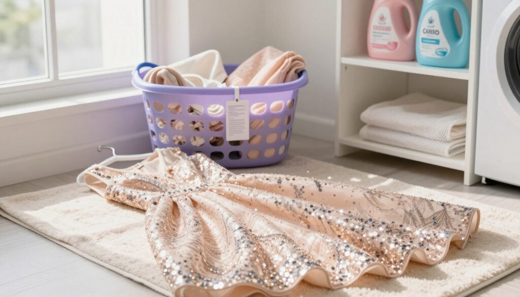 A neatly arranged glamorous dress adorned with sparkling glitter sits on a clean, well-lit laundry space. In the foreground, the dress is positioned on a soft, light-colored towel, showcasing the intricate details of its sequined fabric. The middle ground features a vibrant laundry basket filled with delicate, matching accessories and care labels, while gentle daylight streams through a nearby window, creating a warm and inviting atmosphere. In the background, minimalist shelves display laundry supplies like mild detergent and mesh bags, highlighting preparation for washing. The angle captures the sparkle of the glitter under the natural light, evoking a sense of care and attention needed to preserve the dress's beauty before washing.
