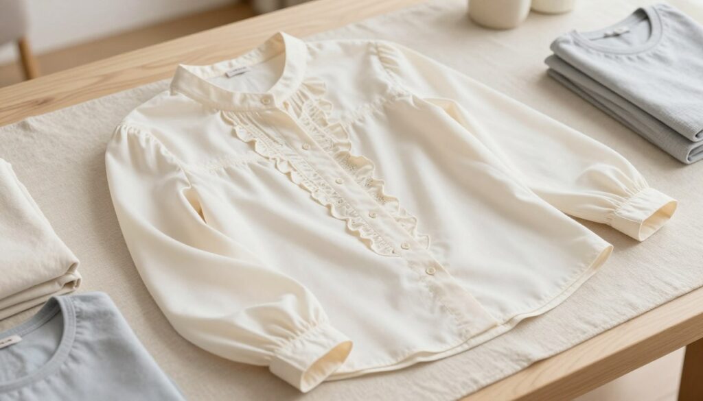 A neatly arranged long-sleeve blouse lying flat on a soft, textured surface, such as a light-colored fabric or wooden table. The blouse features delicate design elements like ruffles or a subtle pattern, enhancing its elegance. The setting is well-lit with soft natural lighting, creating a warm and inviting atmosphere. A top-down view captures the blouse in crisp detail, highlighting its smooth fabric without wrinkles. Surrounding the blouse, neatly folded garments are subtly placed, illustrating organization and space-saving techniques. The background is softly blurred to maintain focus on the blouse, emphasizing the section's theme of preparing clothing for wrinkle-free folding.