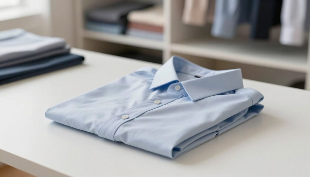 A neatly folded long-sleeve blouse is the focal point, showcased on a clean, well-organized workspace with a soft, natural light illuminating the fabric's texture. In the foreground, the blouse is folded in a professional, methodical manner, demonstrating proper folding techniques that prevent wrinkles. The middle ground showcases a subtle hint of a hand gently adjusting the collar, emphasizing care in presentation. In the background, there’s a blurred shelf filled with various clothing items organized neatly, suggesting a tidy wardrobe space. The mood is calm and focused, reflecting productivity and attention to detail. The frame is captured from a slightly elevated angle to give depth and clarity, with a gentle bokeh effect softly blending the background.