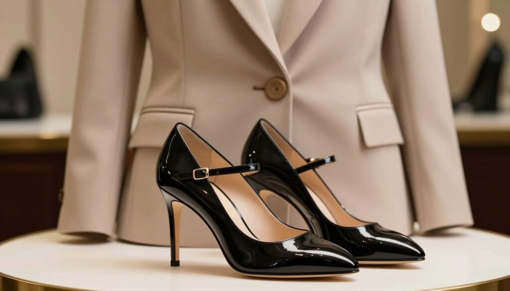 A pair of elegant high-heeled shoes (szpilki) polished to a gleaming shine, displayed prominently in the foreground. The shoes feature a classic stiletto design with a delicate ankle strap and are crafted from luxurious black patent leather. In the middle ground, an understated, tailored women's blazer in a soft beige color elegantly drapes on a minimalist mannequin, complementing the footwear. The background is softly blurred, hinting at an opulent interior with tasteful decor, providing an air of sophistication. Warm, ambient lighting casts gentle shadows, enhancing the high-fashion aesthetic while lending a sense of exclusivity and professionalism to the scene. The mood is chic and refined, perfect for a formal event or important outing, showcasing a stylish pairing with the blazer.