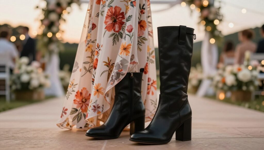 A pair of stylish ankle-high boots, known as "kozaki słupku kostki," made of soft black leather with a sleek design, prominently displayed in the foreground. The boots feature a strong block heel, perfect for stability, and elegant stitching details that enhance their refined look. The middle ground showcases a flowing maxi dress in vivid floral patterns, gracefully draping to the ground, hinting at a wedding setting with warm, inviting colors. The background is a softly blurred outdoor venue, adorned with fairy lights and delicate floral decorations, enhancing the atmosphere of a joyful celebration. The lighting is warm and ambient, reminiscent of a late afternoon, providing a cozy and elegant vibe to the scene. The angle captures the boots in a flattering side view, emphasizing their height and style against the elegant backdrop.
