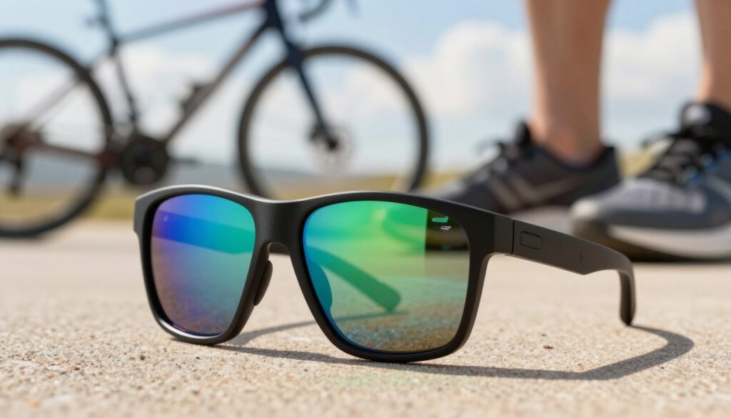 A pair of stylish, modern sport sunglasses sits prominently in the foreground, showcasing a sleek design with a matte black finish and vibrant reflective lenses that shimmer in shades of blue and green. The sunglasses are placed on a textured outdoor surface, evoking a sense of adventure and activity. In the middle ground, softly blurred elements like a bicycle and a pair of running shoes hint at an active lifestyle, while the background features a bright, sunny sky with soft clouds, suggesting ideal weather for outdoor sports. The lighting is warm and natural, casting subtle shadows to enhance the sunglasses' contours. The overall mood is energetic and contemporary, appealing to athletes and fashion-conscious individuals alike. A pair of stylish, modern sport sunglasses sits prominently in the foreground, showcasing a sleek design with a matte black finish and vibrant reflective lenses that shimmer in shades of blue and green. The sunglasses are placed on a textured outdoor surface, evoking a sense of adventure and activity. In the middle ground, softly blurred elements like a bicycle and a pair of running shoes hint at an active lifestyle, while the background features a bright, sunny sky with soft clouds, suggesting ideal weather for outdoor sports. The lighting is warm and natural, casting subtle shadows to enhance the sunglasses' contours. The overall mood is energetic and contemporary, appealing to athletes and fashion-conscious individuals alike.