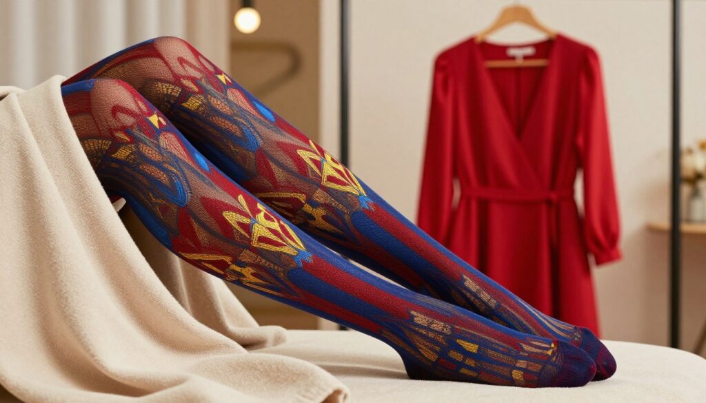 A pair of stylish, patterned tights featuring intricate geometric designs, showcasing a vibrant blend of colors like red, blue, and yellow. The tights are elegantly displayed in the foreground, draping over a soft, neutral-toned fabric, emphasizing their texture and unique patterns. In the middle ground, a sleek, elegant red dress hangs on a minimalist hanger, hinting at a less formal occasion. The background features a softly blurred indoor setting with warm, ambient lighting, creating a cozy and inviting atmosphere. The overall mood is fashionable yet relaxed, perfect for a chic outing. The image is captured from a slightly elevated angle, highlighting the tights' details and the dress in a complementary setting. A pair of stylish, patterned tights featuring intricate geometric designs, showcasing a vibrant blend of colors like red, blue, and yellow. The tights are elegantly displayed in the foreground, draping over a soft, neutral-toned fabric, emphasizing their texture and unique patterns. In the middle ground, a sleek, elegant red dress hangs on a minimalist hanger, hinting at a less formal occasion. The background features a softly blurred indoor setting with warm, ambient lighting, creating a cozy and inviting atmosphere. The overall mood is fashionable yet relaxed, perfect for a chic outing. The image is captured from a slightly elevated angle, highlighting the tights' details and the dress in a complementary setting.