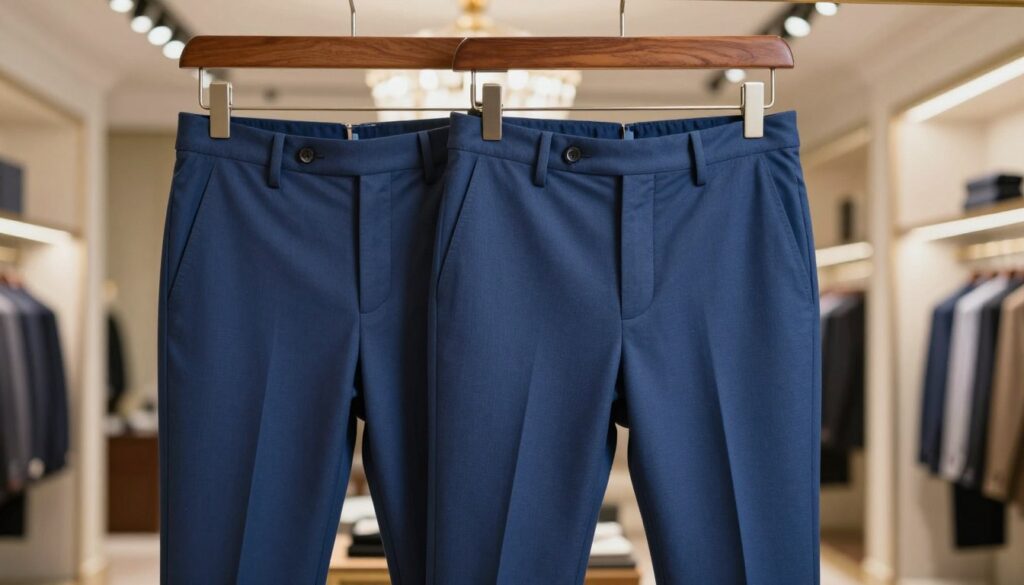 A pair of tailored formal trousers designed to complement a blue blazer, displayed prominently in the foreground. The trousers should showcase a classic, slim-fit style with sharp creases and fine wool fabric, achieving an elegant and sophisticated look. In the middle ground, a sleek wooden hanger with a polished finish holds the trousers, positioned against a softly blurred backdrop of a luxurious clothing store interior, featuring elegant lighting that highlights the fabric's texture. The scene conveys a mood of opulence and professionalism, suitable for formal occasions. The image is well-lit with natural, diffused light, capturing the colors and details of the trousers effectively. The angle should be slightly above eye level to emphasize the shape and fit of the trousers. A pair of tailored formal trousers designed to complement a blue blazer, displayed prominently in the foreground. The trousers should showcase a classic, slim-fit style with sharp creases and fine wool fabric, achieving an elegant and sophisticated look. In the middle ground, a sleek wooden hanger with a polished finish holds the trousers, positioned against a softly blurred backdrop of a luxurious clothing store interior, featuring elegant lighting that highlights the fabric's texture. The scene conveys a mood of opulence and professionalism, suitable for formal occasions. The image is well-lit with natural, diffused light, capturing the colors and details of the trousers effectively. The angle should be slightly above eye level to emphasize the shape and fit of the trousers.