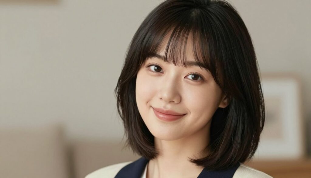 A portrait of a woman with a round face, showcasing a stylish fringe haircut that visually elongates and slims her face. She has smooth skin, soft features, and a gentle smile. Her hair is dark and glossy, framing her face beautifully. The lighting is soft and natural, highlighting her facial structure while creating a warm atmosphere. The background is a blurred, neutral-toned room with soft furnishings to enhance the focus on her face. The angle is slightly above, giving a flattering perspective. Her outfit is a smart-casual top, adding a modern touch. The overall mood is inviting and professional, suitable for an article on hairstyle choices for different face shapes.