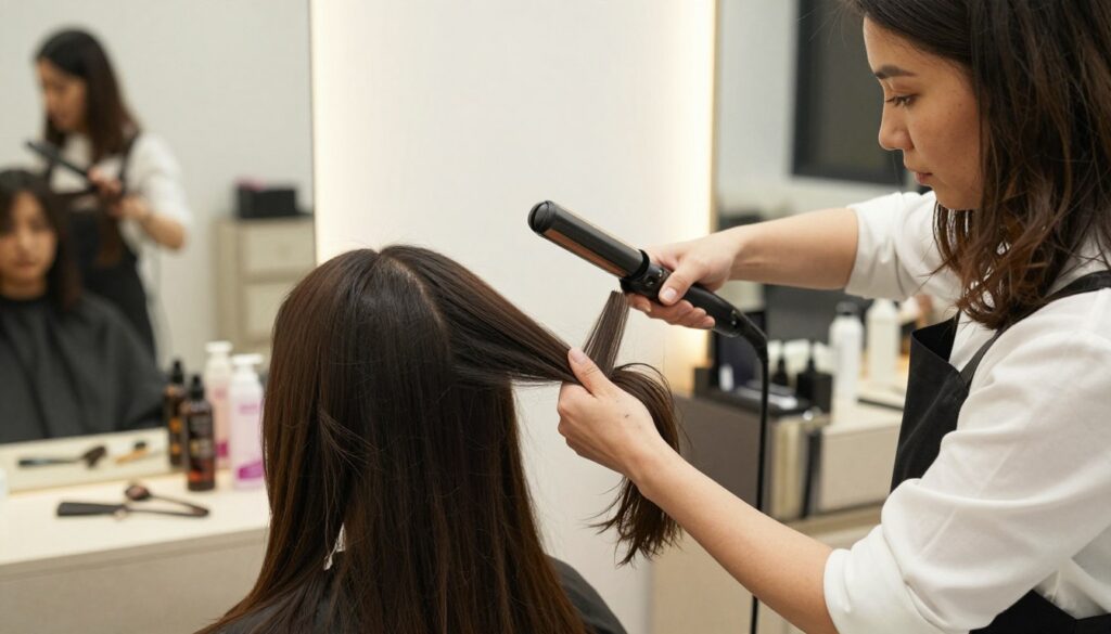 A professional female stylist in a modern salon environment, demonstrating hair straightening using a flat iron on a client’s hair. The foreground features the stylist focusing intently on the client's hair, showing the flat iron gliding through locks that appear slightly damaged and frizzy due to previous styling. The middle ground includes salon tools and hair products neatly arranged on a counter. In the background, soft lighting creates a calming atmosphere, with blurred reflections of other salon activities. The mood is educational and informative, aiming to highlight the potential damage of frequent hair straightening while promoting hair care. The scene is captured at a slight angle to emphasize both the stylist's expertise and the client's hair condition. A professional female stylist in a modern salon environment, demonstrating hair straightening using a flat iron on a client’s hair. The foreground features the stylist focusing intently on the client's hair, showing the flat iron gliding through locks that appear slightly damaged and frizzy due to previous styling. The middle ground includes salon tools and hair products neatly arranged on a counter. In the background, soft lighting creates a calming atmosphere, with blurred reflections of other salon activities. The mood is educational and informative, aiming to highlight the potential damage of frequent hair straightening while promoting hair care. The scene is captured at a slight angle to emphasize both the stylist's expertise and the client's hair condition.
