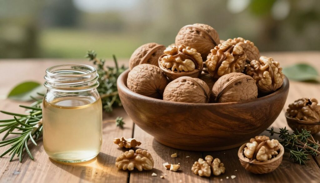 A rustic setting featuring a large bowl filled with whole walnut shells, showcasing their rich brown textures, nestled among scattered walnut fragments. In the foreground, a glass jar of apple cider vinegar sits beside fresh herbs like rosemary and thyme, emphasizing a natural, earthy feel. Soft, warm lighting creates a cozy atmosphere, casting gentle shadows on the wooden table surface. In the middle ground, hints of dried herbs and leaves subtly frame the composition. The background includes a blurred, natural landscape with hints of greenery, enhancing the organic theme. The overall mood should convey warmth and natural beauty, suggesting a serene, holistic approach to hair darkening techniques. A rustic setting featuring a large bowl filled with whole walnut shells, showcasing their rich brown textures, nestled among scattered walnut fragments. In the foreground, a glass jar of apple cider vinegar sits beside fresh herbs like rosemary and thyme, emphasizing a natural, earthy feel. Soft, warm lighting creates a cozy atmosphere, casting gentle shadows on the wooden table surface. In the middle ground, hints of dried herbs and leaves subtly frame the composition. The background includes a blurred, natural landscape with hints of greenery, enhancing the organic theme. The overall mood should convey warmth and natural beauty, suggesting a serene, holistic approach to hair darkening techniques.