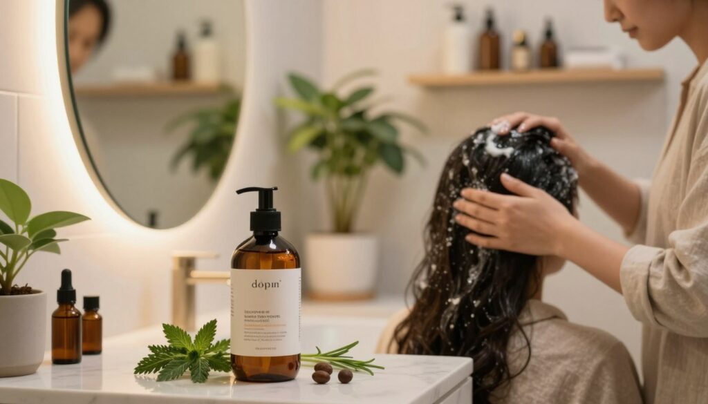 A serene and inviting bathroom setting illuminated by soft, ambient lighting, creating a calming atmosphere. In the foreground, a stylish hair treatment bottle with natural ingredients is displayed, surrounded by fresh herbs and essential oils. A modern, elegant mirror reflects a close-up of a comfortable hair application in progress. In the middle ground, a person, dressed in modest casual clothing, gently massages the treatment into their scalp with a focused expression, highlighting the process of selecting the right hair product based on individual scalp needs. The background features potted plants and a shelf with neatly organized hair care items. The overall mood is one of relaxation and self-care, emphasizing the importance of personalized hair treatments for scalp health.