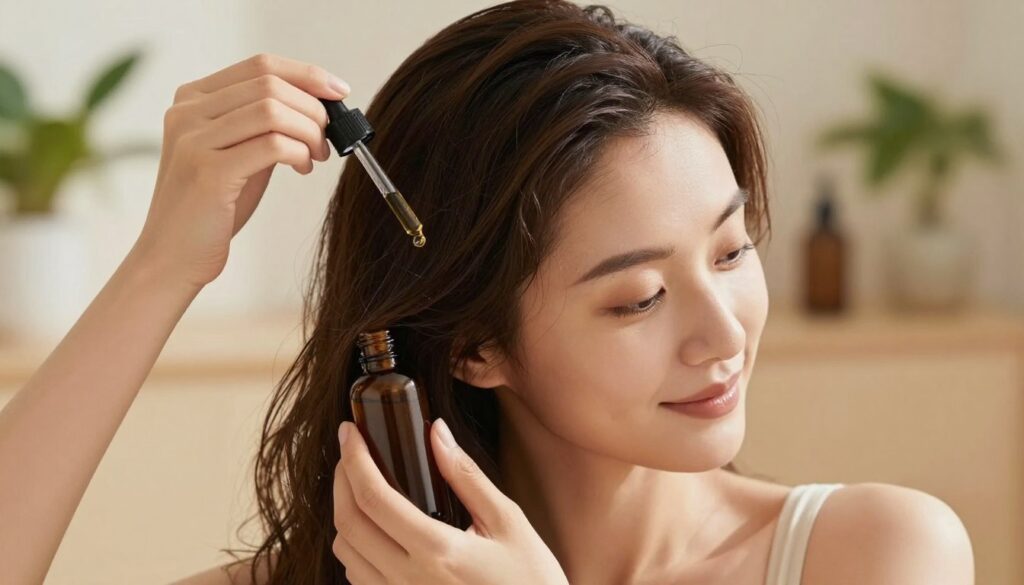 A serene and inviting image of a well-groomed female model with healthy, shiny hair, showcasing a natural and confident look. She is gently applying a tonic to her scalp using a dropper, highlighting her scalp and hair in great detail. The foreground focuses on her hands and the tonic bottle, emphasizing the texture of her hair and the enriching product. The middle features her relaxed face, conveying comfort and well-being. The background is softly blurred with a spa-like ambiance, featuring plants, calming colors, and natural light filtering in, creating an atmosphere of tranquility and self-care. The lighting is warm and inviting, highlighting the model's features and the product, ensuring the scene feels rejuvenating and refreshing. A serene and inviting image of a well-groomed female model with healthy, shiny hair, showcasing a natural and confident look. She is gently applying a tonic to her scalp using a dropper, highlighting her scalp and hair in great detail. The foreground focuses on her hands and the tonic bottle, emphasizing the texture of her hair and the enriching product. The middle features her relaxed face, conveying comfort and well-being. The background is softly blurred with a spa-like ambiance, featuring plants, calming colors, and natural light filtering in, creating an atmosphere of tranquility and self-care. The lighting is warm and inviting, highlighting the model's features and the product, ensuring the scene feels rejuvenating and refreshing.