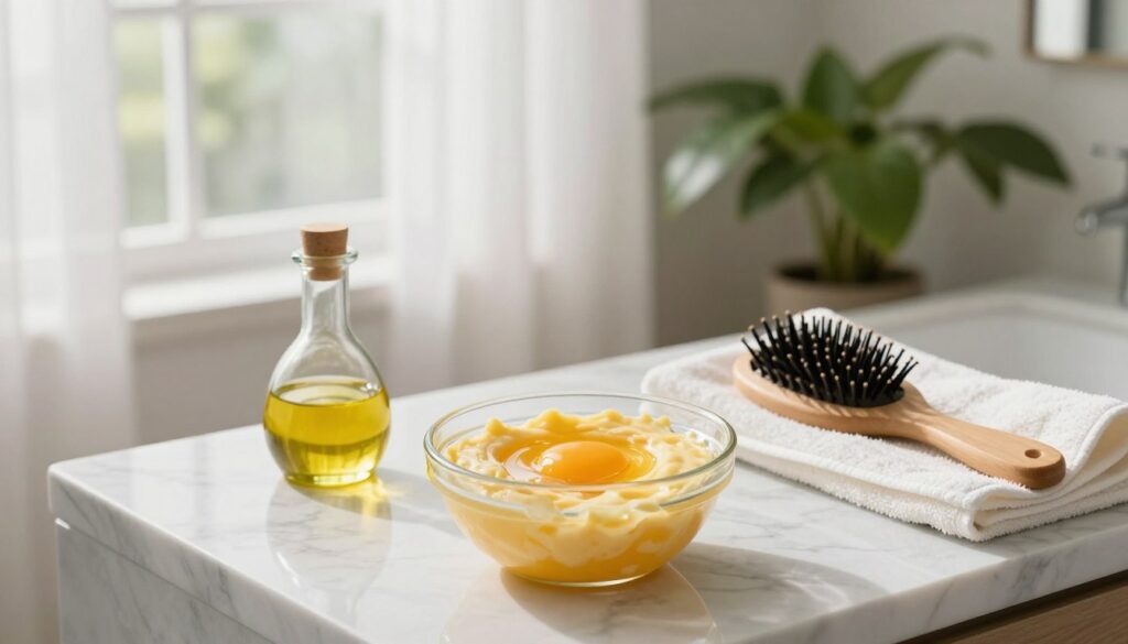 A serene bathroom scene focused on a vibrant hair mask made from eggs, set on a marble countertop. In the foreground, a small bowl features a thick, creamy yellow mixture with egg yolks, surrounded by fresh ingredients like olive oil and honey. On the side, a pristine hairbrush and a towel depict the preparation for use. The background showcases soft natural lighting filtering through a large window with sheer curtains, casting gentle shadows. In the distance, a lush indoor plant adds a refreshing touch. The overall mood is calming and inviting, emphasizing self-care and nurturing beauty rituals, suitable for all hair types.