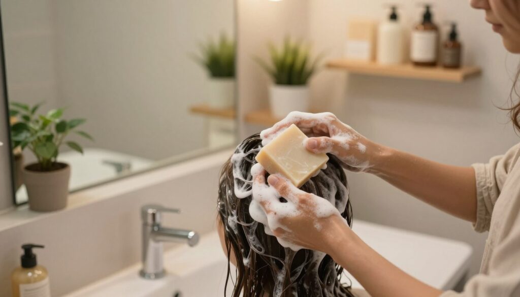 A serene bathroom scene showcasing the process of washing hair with soap. In the foreground, a person with long, flowing hair, dressed in modest casual attire, is gently lathering their hair with a natural soap bar, creating a rich, creamy foam. The mid-ground features a simple, elegant bathroom setup with soft, neutral tones, a large mirror reflecting warm, diffused lighting that enhances the tranquil atmosphere. In the background, potted plants add a touch of nature, while shelves display various natural hair care products. The overall mood is relaxed and rejuvenating, inviting viewers to consider the benefits of using soap for hair washing. The angle is slightly elevated, capturing the scene from a perspective that feels intimate and personal. A serene bathroom scene showcasing the process of washing hair with soap. In the foreground, a person with long, flowing hair, dressed in modest casual attire, is gently lathering their hair with a natural soap bar, creating a rich, creamy foam. The mid-ground features a simple, elegant bathroom setup with soft, neutral tones, a large mirror reflecting warm, diffused lighting that enhances the tranquil atmosphere. In the background, potted plants add a touch of nature, while shelves display various natural hair care products. The overall mood is relaxed and rejuvenating, inviting viewers to consider the benefits of using soap for hair washing. The angle is slightly elevated, capturing the scene from a perspective that feels intimate and personal.
