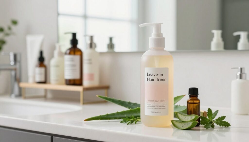 A serene bathroom setting featuring a modern countertop with an elegant hair product bottle labeled "Leave-in Hair Tonic" in soft pastel colors. In the foreground, a stylish glass spray bottle is surrounded by natural ingredients like aloe vera, essential oils, and fresh herbs. In the middle ground, a small, well-organized shelf displays a variety of hair care items emphasizing different formulas. The background features a bright, airy window allowing natural light to flood the space, creating a calm and inviting atmosphere. The lens captures a soft focus, highlighting the textures of the products while keeping the overall composition harmonious and aesthetically pleasing. The mood is relaxing and rejuvenating, inviting viewers to explore the benefits of leave-in hair treatments. A serene bathroom setting featuring a modern countertop with an elegant hair product bottle labeled "Leave-in Hair Tonic" in soft pastel colors. In the foreground, a stylish glass spray bottle is surrounded by natural ingredients like aloe vera, essential oils, and fresh herbs. In the middle ground, a small, well-organized shelf displays a variety of hair care items emphasizing different formulas. The background features a bright, airy window allowing natural light to flood the space, creating a calm and inviting atmosphere. The lens captures a soft focus, highlighting the textures of the products while keeping the overall composition harmonious and aesthetically pleasing. The mood is relaxing and rejuvenating, inviting viewers to explore the benefits of leave-in hair treatments.