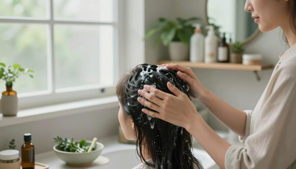 A serene bathroom setting with soft, natural lighting filtering through a frosted window, creating a calm atmosphere. In the foreground, a woman in modest casual clothing gently massages a nourishing scalp treatment into her hairline, showcasing the process of absorbing active ingredients. Her expression is focused and tranquil, embodying self-care. The middle of the scene includes a stylish bowl filled with essential oils and herbs, hinting at natural ingredients. In the background, a shelf displays neatly arranged hair care products, plants, and a mirror reflecting the peaceful ambiance. A gentle color palette of soft greens and neutrals enhances the soothing vibe and emphasizes the importance of preparing the scalp for effective hair treatments. The composition is balanced, inviting the viewer to engage with the concept of enhanced hair care routines.