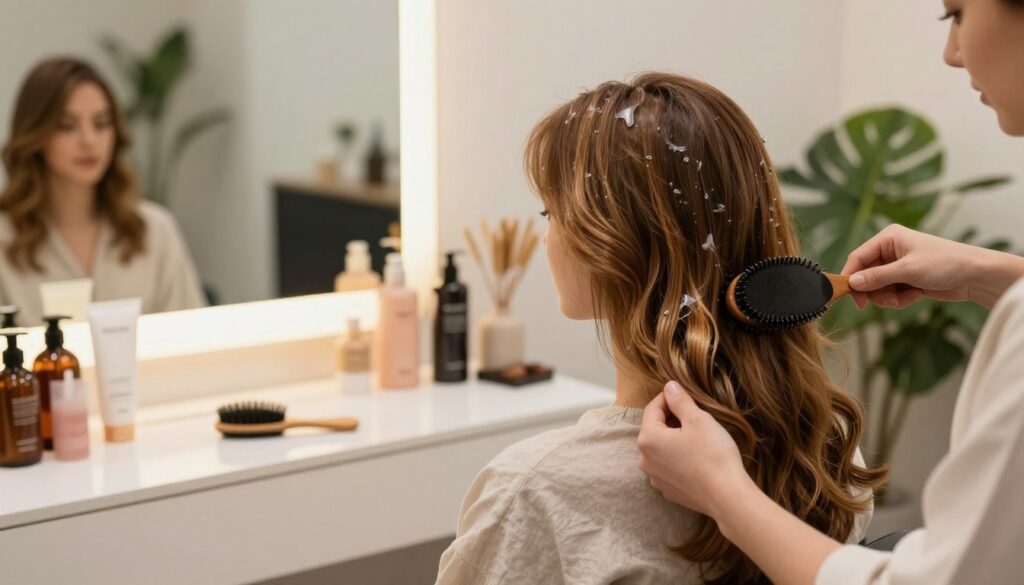 A serene beauty salon setting focuses on a professional woman in modest casual attire, showcasing her healthy, vibrant hair. In the foreground, she is gently applying a nourishing hair treatment with a brush, conveying a sense of care and routine. The middle ground features a vanity adorned with elegant hair care products, surrounded by soft, warm lighting that enhances the atmosphere of rejuvenation and self-care. In the background, plants and soothing decor elements create a tranquil space. The scene captures a moment of relaxation and regeneration, emphasizing the restoration of hair's elasticity and shine. The image is rich in color, with a focus on the woman's glowing hair and the textures of the products, inviting the viewer into a world of hair revitalization.