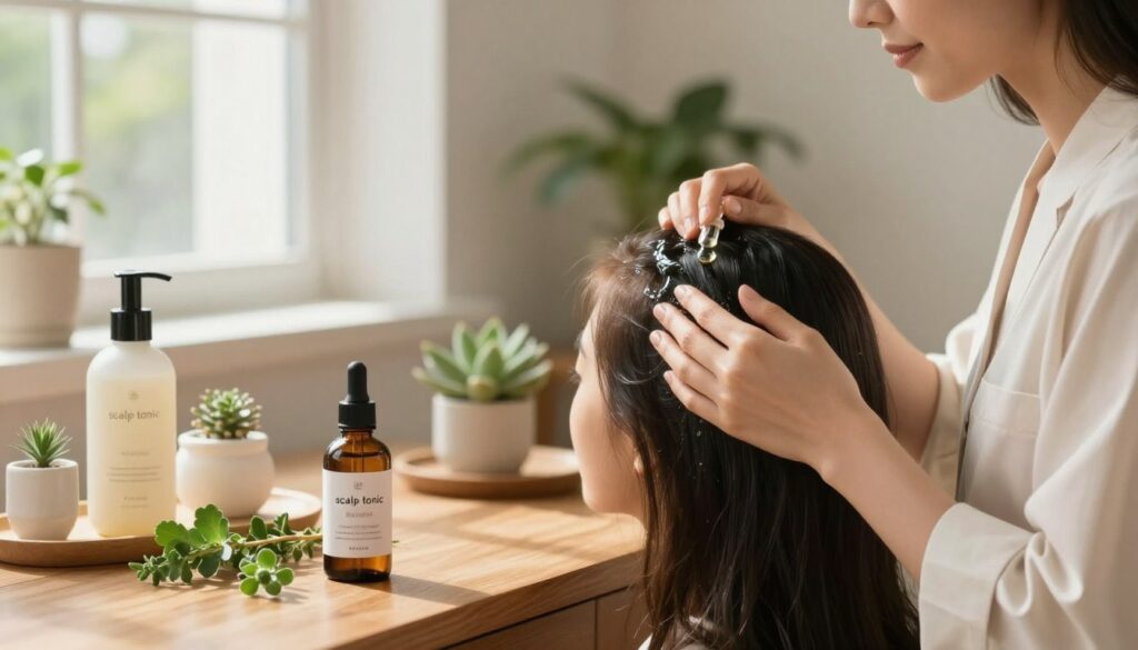 A serene beauty scene depicting a hair care routine focused on hair growth lotions. In the foreground, a wooden vanity table displays various elegant hair products, including a small bottle labeled "scalp tonic" with a dropper, surrounded by sprigs of fresh herbs. A well-groomed woman in professional attire gently massages the tonic into her scalp, conveying a sense of care and mindfulness about her hair health. The middle ground features soft, natural lighting filtering through a window, creating gentle shadows that enhance the tranquil atmosphere. The background includes tasteful, plant-filled decor, emphasizing a holistic approach to hair care. The mood is calm, encouraging self-care and routine, evoking a sense of well-being and nurturing for the scalp. A serene beauty scene depicting a hair care routine focused on hair growth lotions. In the foreground, a wooden vanity table displays various elegant hair products, including a small bottle labeled "scalp tonic" with a dropper, surrounded by sprigs of fresh herbs. A well-groomed woman in professional attire gently massages the tonic into her scalp, conveying a sense of care and mindfulness about her hair health. The middle ground features soft, natural lighting filtering through a window, creating gentle shadows that enhance the tranquil atmosphere. The background includes tasteful, plant-filled decor, emphasizing a holistic approach to hair care. The mood is calm, encouraging self-care and routine, evoking a sense of well-being and nurturing for the scalp.