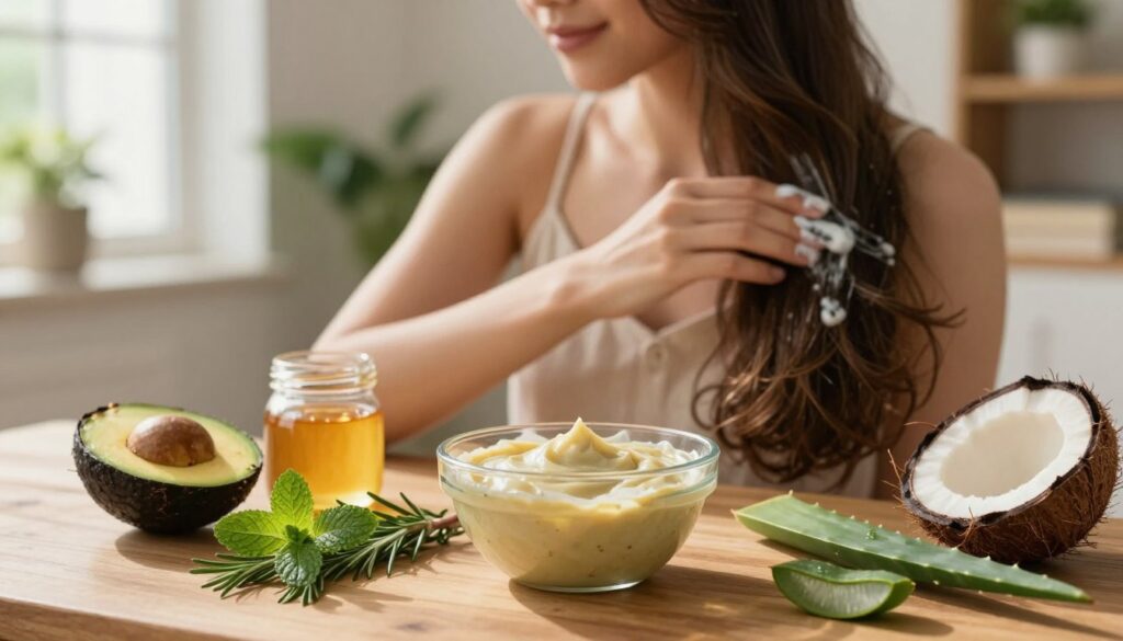 A serene home setting featuring an elegant wooden table adorned with natural ingredients commonly used for hair hydration, such as avocado, honey, coconut oil, and aloe vera. In the foreground, a sleek glass bowl filled with a rich, creamy hair mask is placed alongside fresh herbs like rosemary and mint to symbolize natural remedies. The middle ground showcases a stylish, modestly dressed person with long, healthy hair gently applying the hair mask, with a peaceful expression that conveys tranquility and care. Soft, warm natural light streams in through a window, creating a soothing and inviting atmosphere. The background is softly blurred, with plants and a hint of a bookshelf, emphasizing a cozy home spa environment, illustrating effective long-term solutions for dry hair.