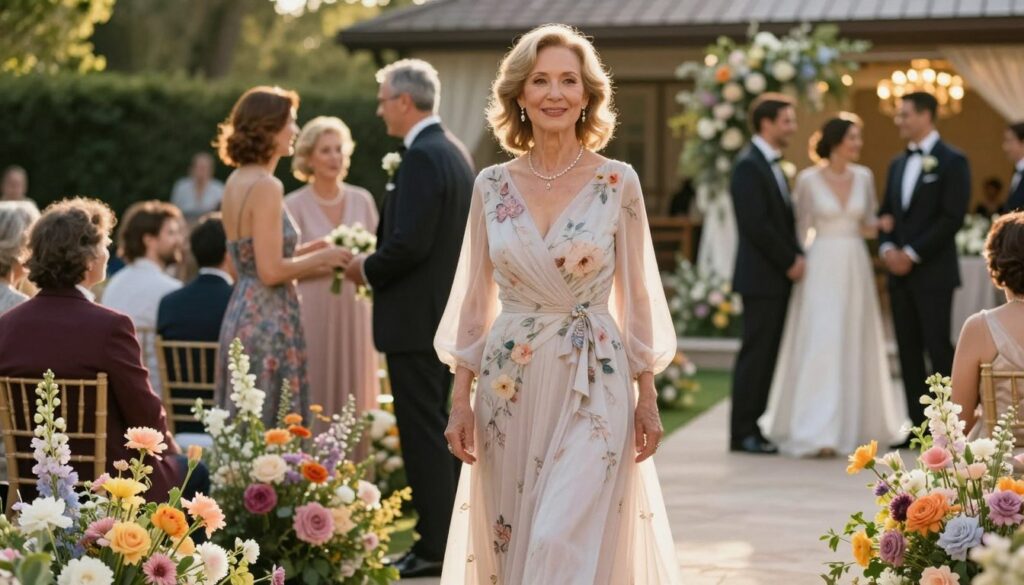 A serene outdoor wedding setting featuring an elegant 60-year-old woman wearing a stunning maxi dress. The dress is light and flowing, made of soft fabric in pastel colors, adorned with delicate floral patterns that exude sophistication. She stands confidently, with a gentle smile, her hair styled in soft waves, complementing her graceful appearance. In the foreground, vibrant flower arrangements enhance the romantic atmosphere, while in the middle ground, other wedding guests in formal attire mingle. The background showcases a beautifully decorated outdoor venue under soft, golden lighting, casting a warm glow that highlights the joyous occasion. The mood is uplifting and celebratory, capturing the essence of elegance and comfort. Shot using a 50mm lens with natural lighting to create soft shadows and depth.