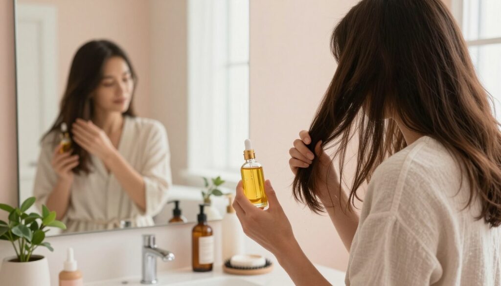 A serene, softly lit bathroom scene depicting a woman in a modest, casual outfit gently applying hair oil to her long, shiny hair. In the foreground, she holds a small glass bottle of golden hair oil, with drops glistening in the light. The middle ground showcases a mirror reflecting her focused expression, while a few decorative plants and hair care products sit neatly on a stylish countertop. The background consists of soft pastel walls, adding a tranquil atmosphere. Bright, natural light filters in through a nearby window, creating a warm, inviting glow that highlights the smooth texture of her hair and conveys a sense of relaxation and self-care. A serene, softly lit bathroom scene depicting a woman in a modest, casual outfit gently applying hair oil to her long, shiny hair. In the foreground, she holds a small glass bottle of golden hair oil, with drops glistening in the light. The middle ground showcases a mirror reflecting her focused expression, while a few decorative plants and hair care products sit neatly on a stylish countertop. The background consists of soft pastel walls, adding a tranquil atmosphere. Bright, natural light filters in through a nearby window, creating a warm, inviting glow that highlights the smooth texture of her hair and conveys a sense of relaxation and self-care.