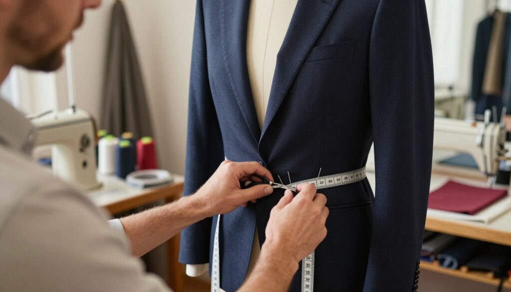 A skilled tailor carefully works on fitting a stylish men's blazer, focusing on the waist area for a tailored look. The foreground features the tailor's hands deftly adjusting the fabric, using precise tools like measuring tape, pins, and scissors. The middle ground includes the partially pinned blazer on a classic tailoring mannequin, showcasing elegant fabric textures and colors. In the background, a cozy workshop is filled with spools of thread, sewing machines, and various fabrics, illuminated by soft, warm lighting that creates a welcoming atmosphere. The scene exudes professionalism, highlighting the art of tailoring and the attention to detail required in the craft.