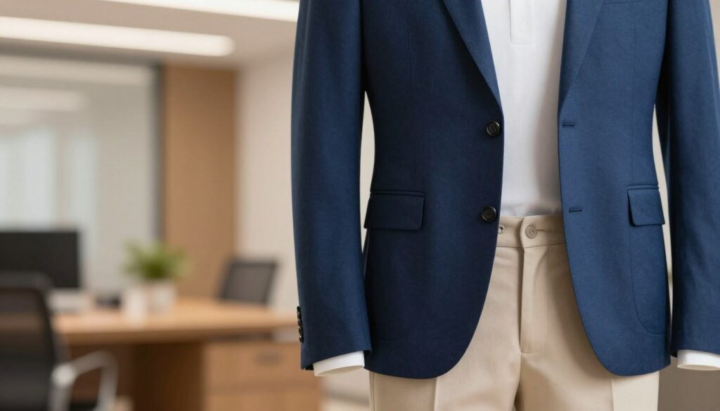 A smart casual outfit featuring a dark blue blazer paired with beige trousers, elegantly displayed on a mannequin. The blazer should have a tailored fit, emphasizing its sophisticated structure with notched lapels and single-button closure. The background is a softly blurred contemporary office setting with warm lighting, highlighting the professional atmosphere. The focus is on the blazer and trousers, creating a vibrant contrast between the deep blue and light beige. Use a shallow depth of field to draw attention to the garment details, like the fabric texture and stitching quality, while the soft lighting adds a polished and inviting mood. Aim for an image that conveys a sense of professionalism and modern style, suitable for work and meetings. A smart casual outfit featuring a dark blue blazer paired with beige trousers, elegantly displayed on a mannequin. The blazer should have a tailored fit, emphasizing its sophisticated structure with notched lapels and single-button closure. The background is a softly blurred contemporary office setting with warm lighting, highlighting the professional atmosphere. The focus is on the blazer and trousers, creating a vibrant contrast between the deep blue and light beige. Use a shallow depth of field to draw attention to the garment details, like the fabric texture and stitching quality, while the soft lighting adds a polished and inviting mood. Aim for an image that conveys a sense of professionalism and modern style, suitable for work and meetings.