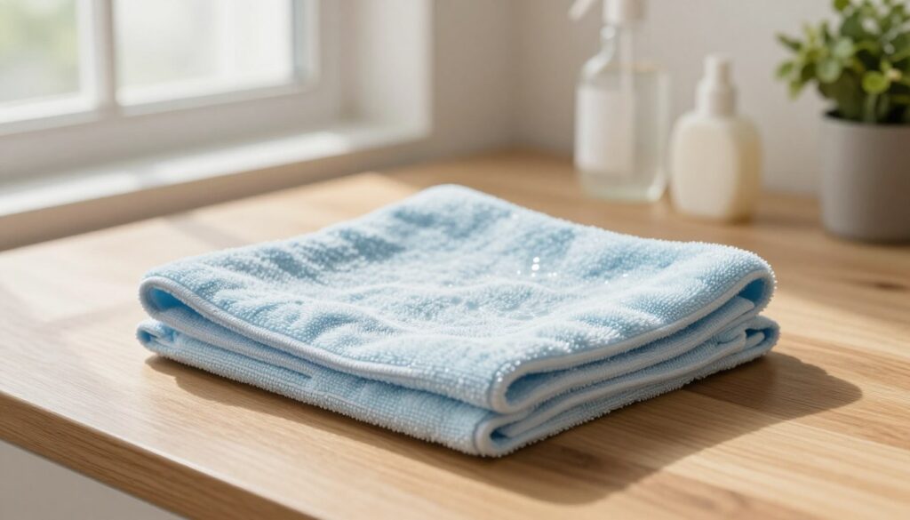 A soft, clean microfiber cloth lies neatly folded on a polished wooden surface, bathed in soft, natural light streaming from a nearby window. The cloth is a gentle pastel color, showcasing its textured surface, which glistens slightly with fresh moisture, hinting at its intended use for cleaning. In the background, a minimalistic, organized workspace is visible, featuring a few cleaning supplies such as gentle soap and a small spray bottle, arranged aesthetically. The atmosphere is fresh and inviting, reflecting a sense of hygiene and care, with greenery from a potted plant adding a touch of tranquility. The focus is on the cloth and its surroundings, inviting the viewer to envision a safe and efficient cleaning process.