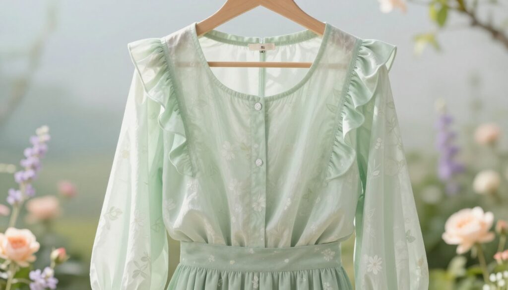 A soft composition featuring a stylish light green blouse paired with a light green skirt, elegantly draped on a hanger against a pastel backdrop. The foreground showcases delicate fabric textures, highlighting the blouse's airy design with ruffled sleeves and a subtle floral pattern. In the middle, a bright natural light illuminates the scene, creating a fresh and inviting atmosphere. The background is softly blurred, displaying hints of a serene garden, with pastel flowers in shades of peach and lavender, enhancing the overall aesthetic. The image captures a peaceful daytime mood, perfect for spring styling, evoking a sense of femininity and grace. The lens used is a 50mm f/1.8, with a shallow depth of field for a dreamy effect. A soft composition featuring a stylish light green blouse paired with a light green skirt, elegantly draped on a hanger against a pastel backdrop. The foreground showcases delicate fabric textures, highlighting the blouse's airy design with ruffled sleeves and a subtle floral pattern. In the middle, a bright natural light illuminates the scene, creating a fresh and inviting atmosphere. The background is softly blurred, displaying hints of a serene garden, with pastel flowers in shades of peach and lavender, enhancing the overall aesthetic. The image captures a peaceful daytime mood, perfect for spring styling, evoking a sense of femininity and grace. The lens used is a 50mm f/1.8, with a shallow depth of field for a dreamy effect.