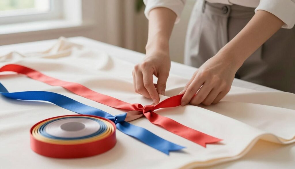 A soft, well-lit workspace is depicted, featuring a beautifully arranged ribbon in various vibrant colors, laying on a smooth, elegant fabric. The foreground focuses on an intricate, neatly coiled ribbon, perfect for tying a bow, showcasing its texture and sheen. In the middle, a person wearing a smart casual outfit gently smooths out the fabric of a dress, ensuring it is wrinkle-free and ready for the ribbon to be tied. The background is softly blurred, accented with soft, natural lighting coming from a nearby window, creating a warm and inviting atmosphere. The scene conveys a sense of preparation and care, highlighting the importance of the details before adding the finishing touch of the bow. A soft, well-lit workspace is depicted, featuring a beautifully arranged ribbon in various vibrant colors, laying on a smooth, elegant fabric. The foreground focuses on an intricate, neatly coiled ribbon, perfect for tying a bow, showcasing its texture and sheen. In the middle, a person wearing a smart casual outfit gently smooths out the fabric of a dress, ensuring it is wrinkle-free and ready for the ribbon to be tied. The background is softly blurred, accented with soft, natural lighting coming from a nearby window, creating a warm and inviting atmosphere. The scene conveys a sense of preparation and care, highlighting the importance of the details before adding the finishing touch of the bow.