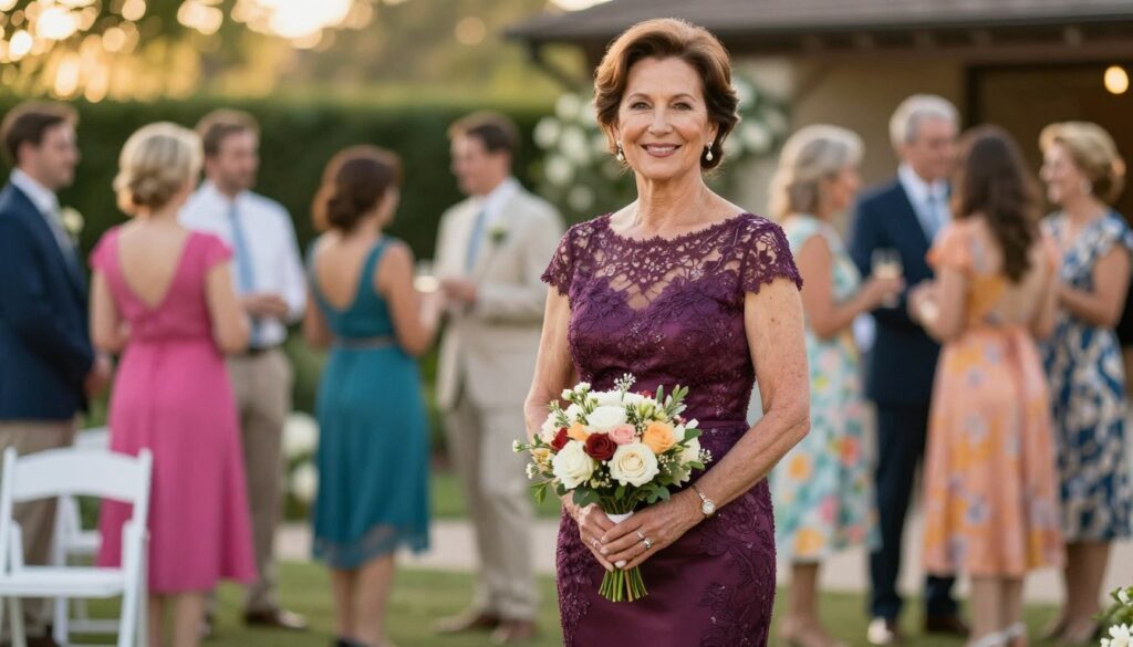 A sophisticated 60-year-old woman dressed in an elegant knee-length dress suitable for a wedding, standing confidently against a softly blurred outdoor wedding venue backdrop. The dress features a flattering A-line silhouette in a rich jewel tone, adorned with delicate lace details. Her hair is styled in a polished updo, complemented by tasteful accessories like pearl earrings. The scene captures warm, ambient lighting of a summer afternoon, highlighting her radiant smile. In the foreground, a bouquet of fresh flowers rests in her hands, while guests in the background mingle casually, dressed in colorful yet tasteful wedding attire. The atmosphere conveys joy and celebration, ideal for capturing the essence of a memorable wedding.