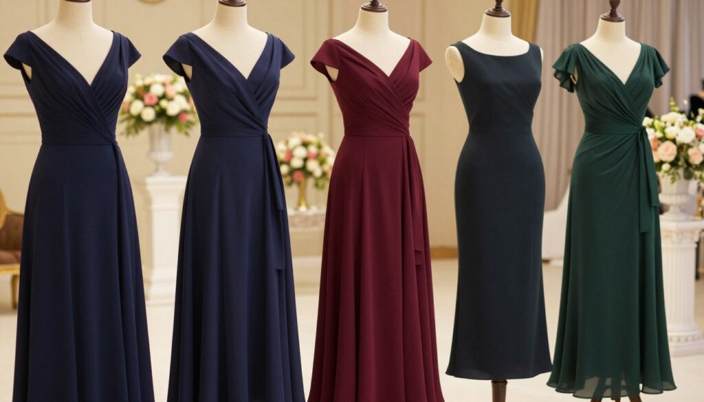 A sophisticated and elegant scene featuring a selection of dresses designed for the mother of the groom at a wedding. In the foreground, display a variety of dresses in flattering silhouettes, showcasing luxurious fabrics like silk and chiffon in rich colors such as deep navy, burgundy, and forest green. The middle ground presents an elegantly styled mannequin dressed in a classic A-line dress that emphasizes a graceful figure. In the background, softly blurred floral arrangements and wedding decor set a refined and celebratory atmosphere. The lighting is soft and warm, creating an inviting glow that enhances the elegance of the dresses. Opt for a slightly elevated perspective to capture the ensemble beautifully, evoking a sense of sophistication and class appropriate for a wedding celebration.