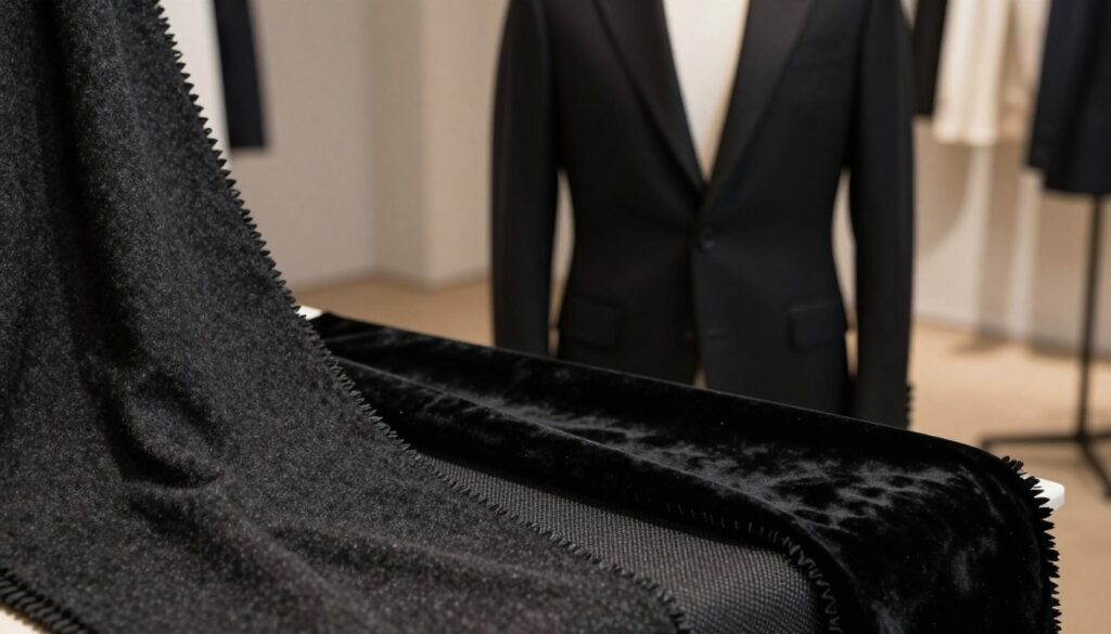 A sophisticated display of various fabric textures suitable for blazers that complement a black shirt. In the foreground, showcase rich, dark fabrics like charcoal wool, sleek black velvet, and textured cotton blends, each with intricate details highlighting their unique weaves and finishes. In the middle, a stylish blazer is elegantly draped over a minimalist mannequin, demonstrating how these materials interact with light and shadow. The background features a softly blurred fashion studio with neutral tones that enhance the prominence of the fabrics. Dim, warm lighting creates an inviting atmosphere, while the photo is taken from a slightly elevated angle, drawing attention to the textures. The overall mood is refined and elegant, perfect for a discerning audience interested in fashion. A sophisticated display of various fabric textures suitable for blazers that complement a black shirt. In the foreground, showcase rich, dark fabrics like charcoal wool, sleek black velvet, and textured cotton blends, each with intricate details highlighting their unique weaves and finishes. In the middle, a stylish blazer is elegantly draped over a minimalist mannequin, demonstrating how these materials interact with light and shadow. The background features a softly blurred fashion studio with neutral tones that enhance the prominence of the fabrics. Dim, warm lighting creates an inviting atmosphere, while the photo is taken from a slightly elevated angle, drawing attention to the textures. The overall mood is refined and elegant, perfect for a discerning audience interested in fashion.